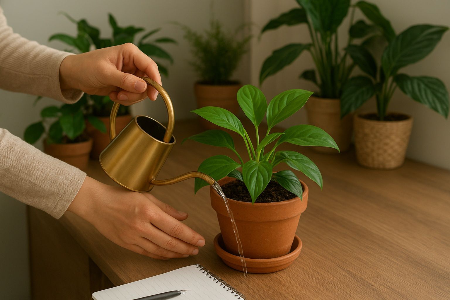 Osoba sprawdzająca wilgotność ziemi roślin doniczkowych i zapisująca harmonogram podlewania, zielone rośliny na parapecie. – ilustracja artykułu