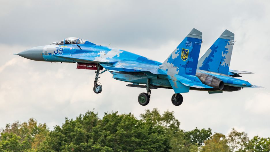 Sukhoi SU-27 Flanker 39 of the Ukrainian Air Force with blue digital camo livery seen flying on final approach and landing at Kleine Brogel Military Air Base EBBL airport in Belgium before the International Sanicole Airshow at Sanicole Airfield Vliegveld at Hechtel - Eksel / Leopoldsburg / Beverlo Airfield EBLE a former Belgian military airfield. The aircraft from Ukraine is a soviet-origin twin-engine multirole fighter aircraft designed by Sukhoi in Soviet Union / Russia, it will be in a static exhibition and flying demonstration at the air show. (Photo by Nicolas Economou/NurPhoto via Getty Images)