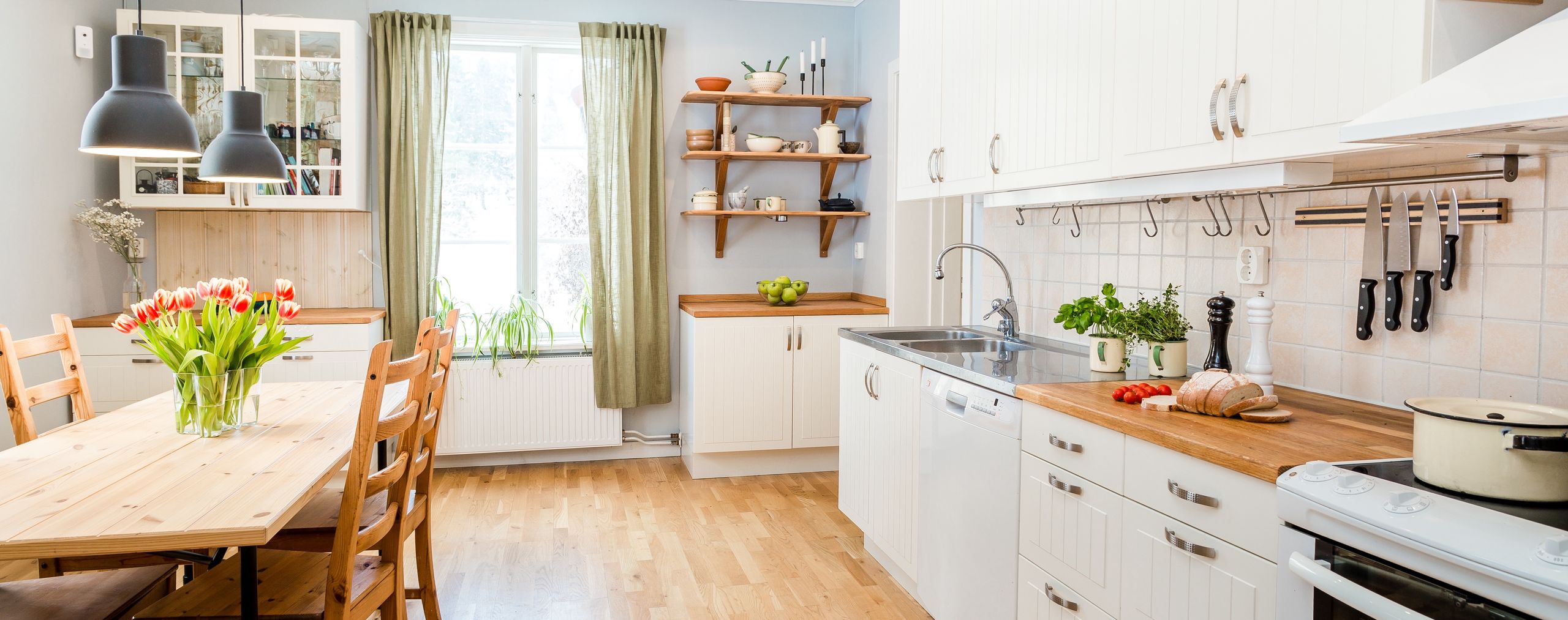 kitchen, home, interior, modern, new, room, house, cabinets, luxury, sink, hardwood, apartment, stove, floor, estate, clean, decor, nobody, furniture, furnished, table, lifestyle, green, curtains, window, indoors, tulips, flowers, orange, cupboards, lamp, white, chairs