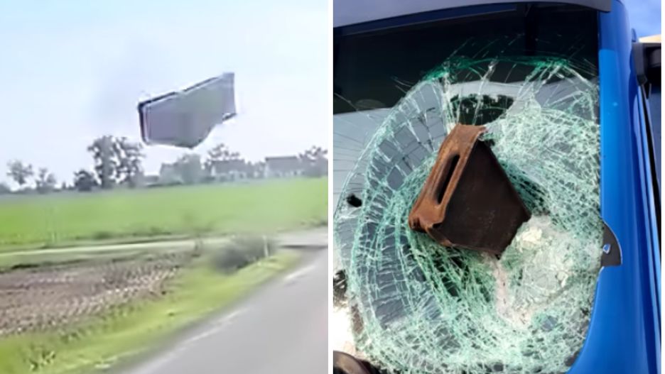 Klin wbił się w przednią szybę ciężarówki