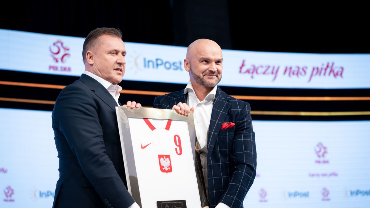 Cezary Kulesza and Rafal Brzoska during the press conference on the announcement of InPost as a strategic sponsor of the Polish Football Association and Poland national football team, at PGE National Stadium in Warsaw, Poland on May 30, 2022 (Photo by Mateusz Wlodarczyk/NurPhoto via Getty Images)