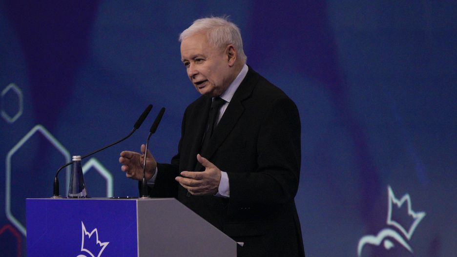 Party leader and de facto government leader Jaroslaw Kaczynski is seen speaking at the Law and Justice convention on 13 May, 2023 in Warsaw, Poland. Kaczynski announced a significant increase in child benefits, toll-free roads and free medication for children and seniors if they win this fall's parliamentary elections. Businessleaders have criticized the idea after previous increases in benefits are said to have contributed to rampant inflation figures. (Photo by Jaap Arriens/NurPhoto via Getty Images)