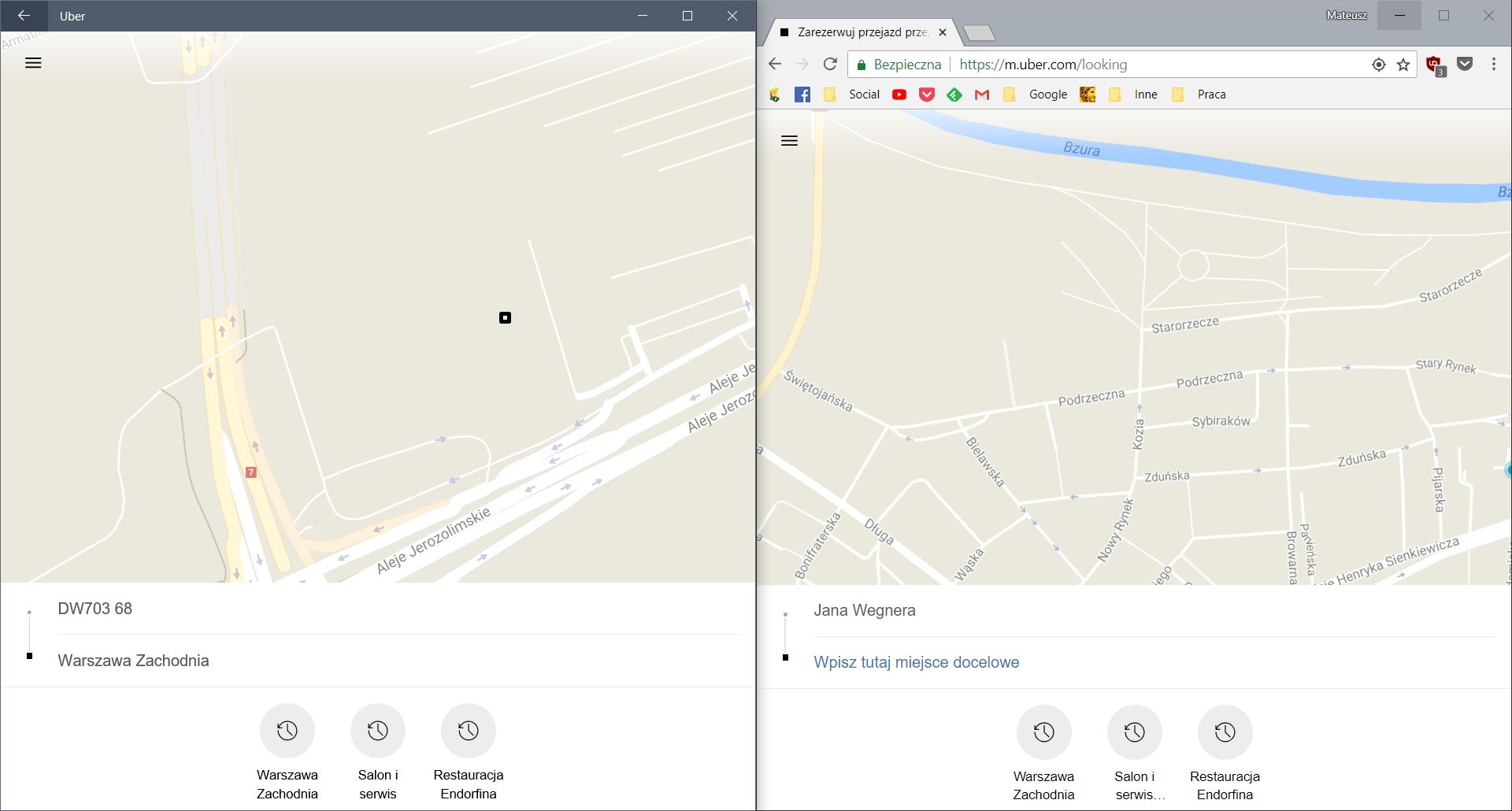 Ubera PWA i strona internetowa Ubera.