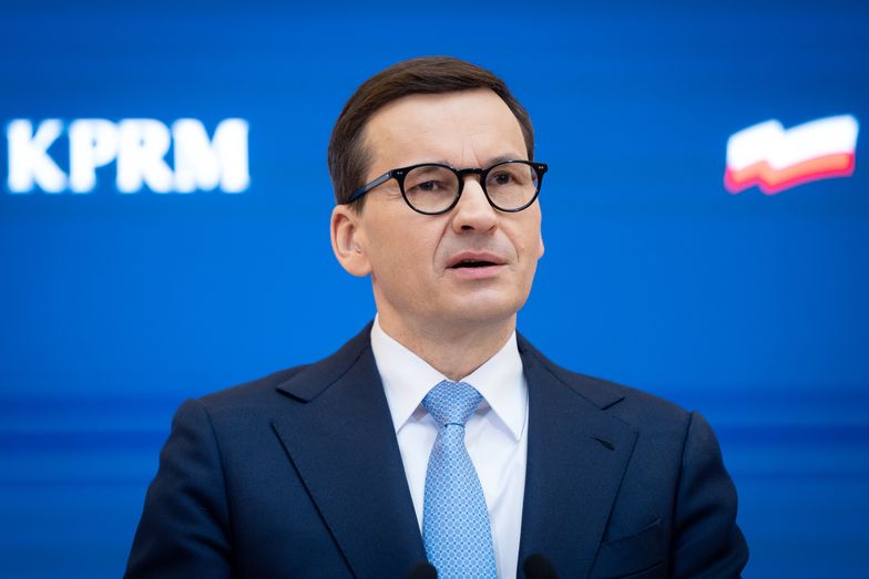 Polish Prime Minister Mateusz Morawiecki during a press conference in Warsaw, Poland, on March 24, 2022 (Photo by Mateusz Wlodarczyk/NurPhoto via Getty Images)