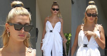 Hailey Bieber odsłania opalone ramiona w kombinezonie za 3 tysiące