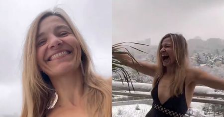 Joanna Koroniewska w stroju kąpielowym BRODZI W ŚNIEGU na balkonie. Podsumowała Dowbora: "Oszczędny i zapobiegawczy" (WIDEO)