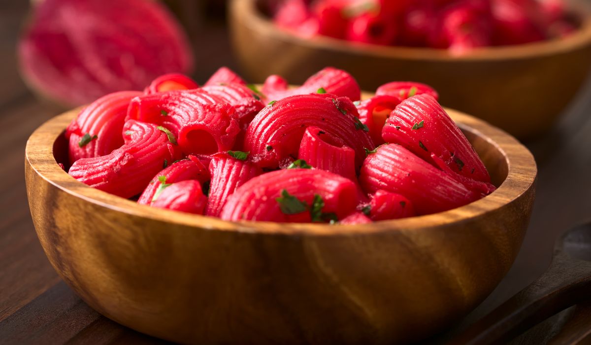 Pasta sauce made from beets, mix with your favorite dumplings.