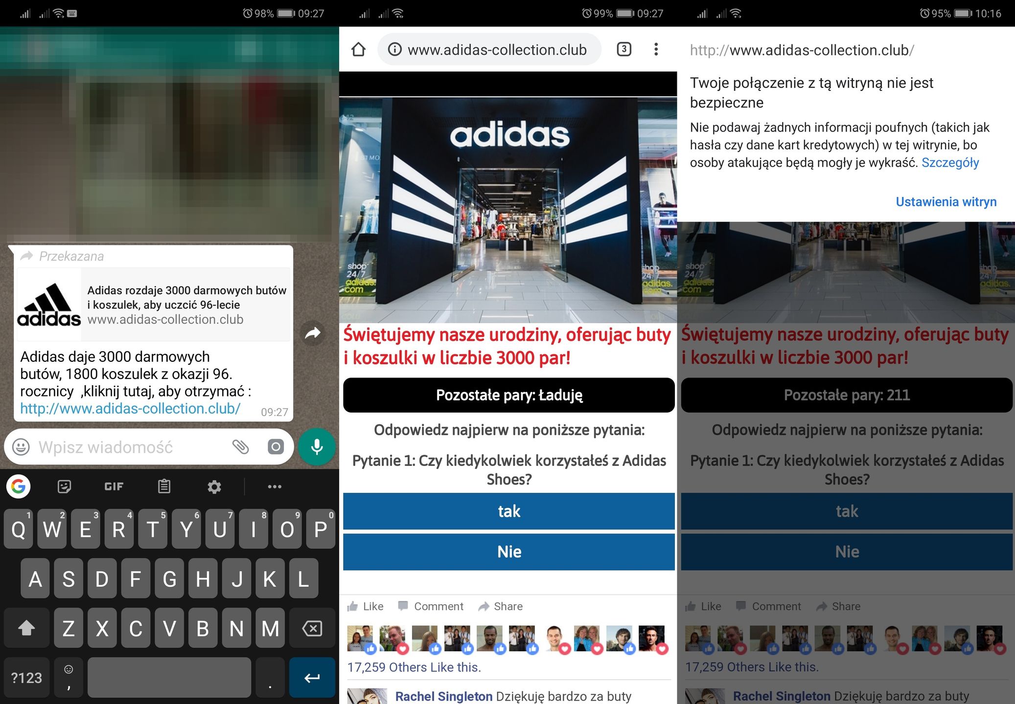 Wiadomość zachęcająca do kliknięcia w link wygląda niepozornie.