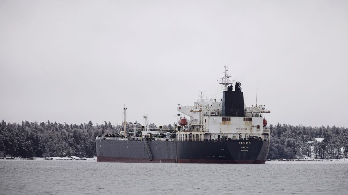 The detained Eagle S tanker, which damaged undersea cables in the Baltic Sea last month, off the coast of Porvoo, Finland, on Thursday, Jan. 9, 2025. Finnish authorities deemed the tanker that's part of the fleet carrying Russian oil as not seaworthy after inspections onboard. Photographer: Roni Rekomaa/Bloomberg via Getty Images
