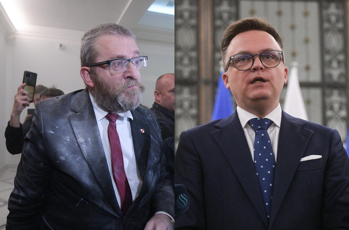 Na zdjęciu po lewej Braun w Sejmie, po prawej marszałek Sejmu Szymon Hołownia