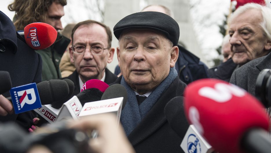 WARSAW, MASOVIAN VOIVODESHIP, POLAND - 2024/02/07: Former Minister of Interior and Administration, Mariusz Kaminski and leader of the Law and Justice party, Jaroslaw Kaczynski speak to the media outside the Parliament. Former interior minister, Mariusz Kaminski and his deputy Maciej Wasik were jailed last month after being sentenced for abuse of power for actions taken in 2007, when they served in an earlier Law and Justice-led government and previously led the Central Anti-Corruption Bureau (CBA). They claimed to be "political prisoners" and they also lost their parliamentary mandates.They tried to push their way into parliament, supported by a group of senior Law and Justice (PiS) politicians. President Duda had pardoned both politicians after they were first sentenced in 2015 but Poland's Supreme Court deemed his move invalid, saying a pardon could not be granted before a final ruling in the case was issued. The two politicians were sentenced to two years in prison in December. President Duda pardoned them again in January. (Photo by Attila Husejnow/SOPA Images/LightRocket via Getty Images)