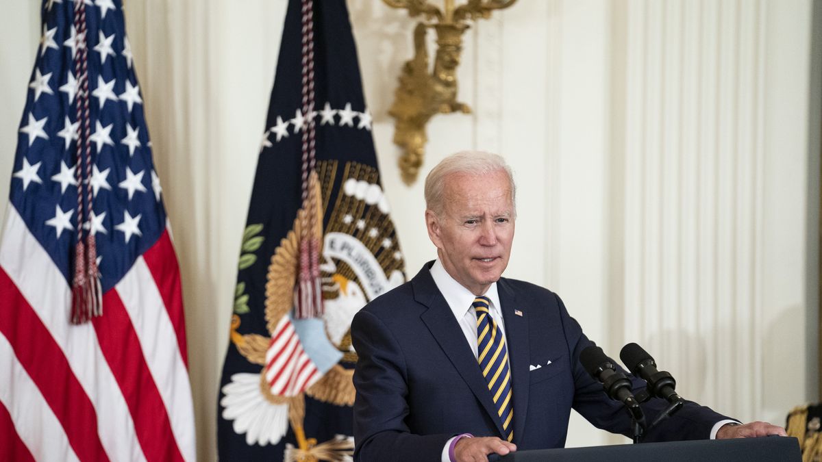WASHINGTON, UNITED STATES - AUG 10: President Joe Biden delivers remarks before signing S. 3373, the Sergeant First Class Heath Robinson Honoring our Promises to Address Comprehensive Toxics (PACT) Act of 2022, into law in the East Room of the White House in Washington, D.C., on Wednesday Aug. 10, 2022. (Photo by Sarah Silbiger for The Washington Post via Getty Images)