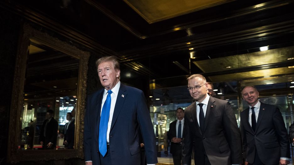 New York, NY - April 17 : Former President Donald Trump welcomes Polish President Andrzej Duda at Trump Tower in New York, NY on Wednesday, April 17, 2024. (Photo by Jabin Botsford/The Washington Post via Getty Images)