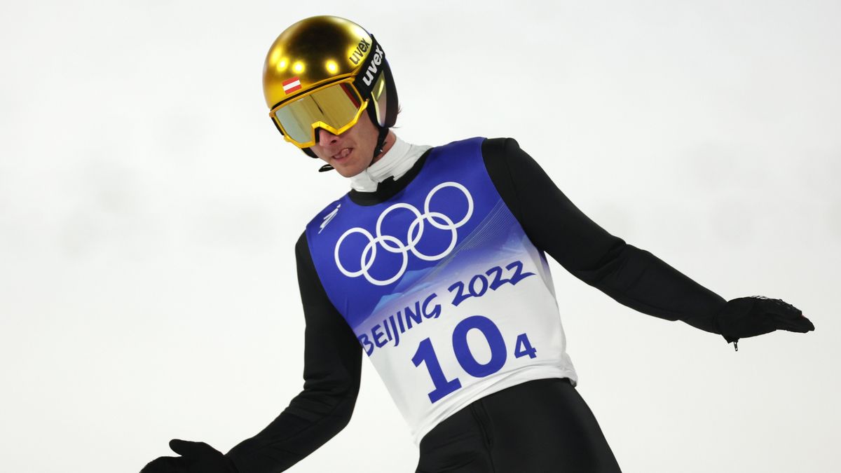 ZHANGJIAKOU, CHINA - FEBRUARY 14: Manuel Fettner of Team Austria competes during the Men's Team Ski jumping first Round For Competition on Day 10 of Beijing 2022 Winter Olympics at National Ski Jumping Centre on February 14, 2022 in Zhangjiakou, China. (Photo by Maja Hitij/Getty Images)