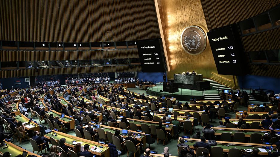 UN General Assembly adopts resolution demanding immediate humanitarian cease-fire in Gaza
NEW YORK, UNITED STATES - DECEMBER 12: A general view of the United Nations (UN) General Assembly, overwhelmingly adopted a draft resolution Tuesday demanding an immediate humanitarian cease-fire in Gaza on December 12, 2023 in New York, United States. The non-binding resolution, presented by Egypt with the support of nearly 100 countries, including Turkiye, passed with 153 votes in favor as the 193-member General Assembly gathered for an emergency special session on Palestine. 153 countries vote in favor of resolution and 10 against, while 23 abstain. (Photo by Fatih Aktas/Anadolu via Getty Images)
Anadolu
cease-fire, gaza, un