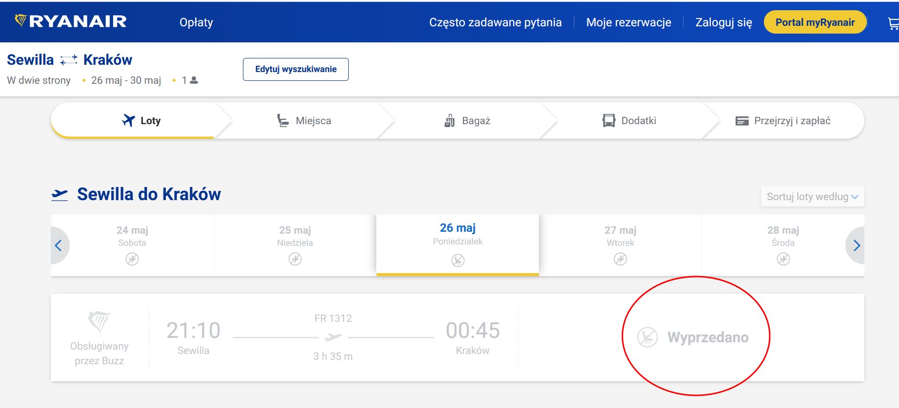 Bilety z Sewilli do Krakowa są całkowicie wyprzedane