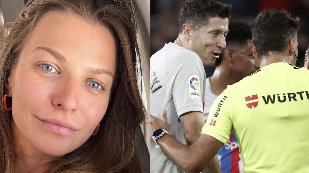 Anna Lewandowska i Robert Lewandowski dyskutujący z sędzią