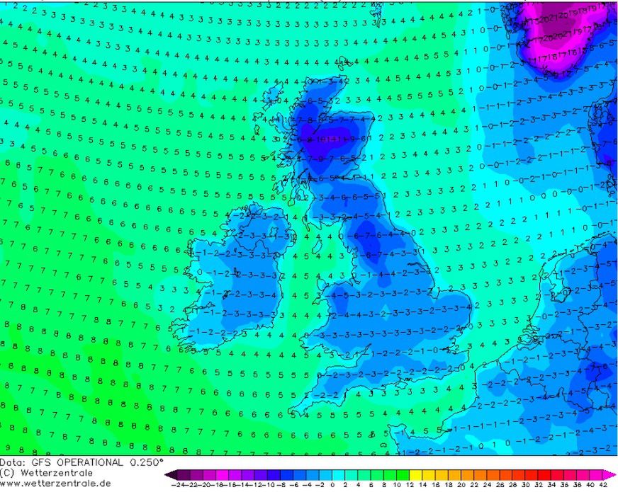 Pogoda. Wyjątkowo niskie temperatury w Wielkiej Brytanii (Źródło: wetterzentrale.de)