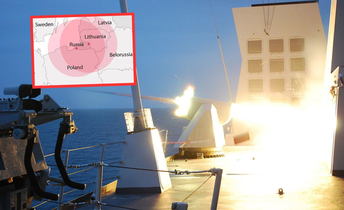Włoski okręt ma wzmocnić ochronę infrastruktury krytycznej w Polsce przed rakietami Rosji z obwodu królewieckiego (na grafice zasięg Iskanderów)