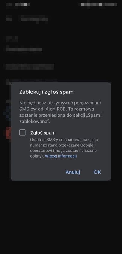 blokowanie sms alert rcb