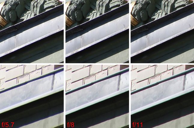 Wycinki do testu rozdzielczości dla ogniskowej 124 mm. Środek kadru na górze, brzeg na dole.Pełna rozdzielczość