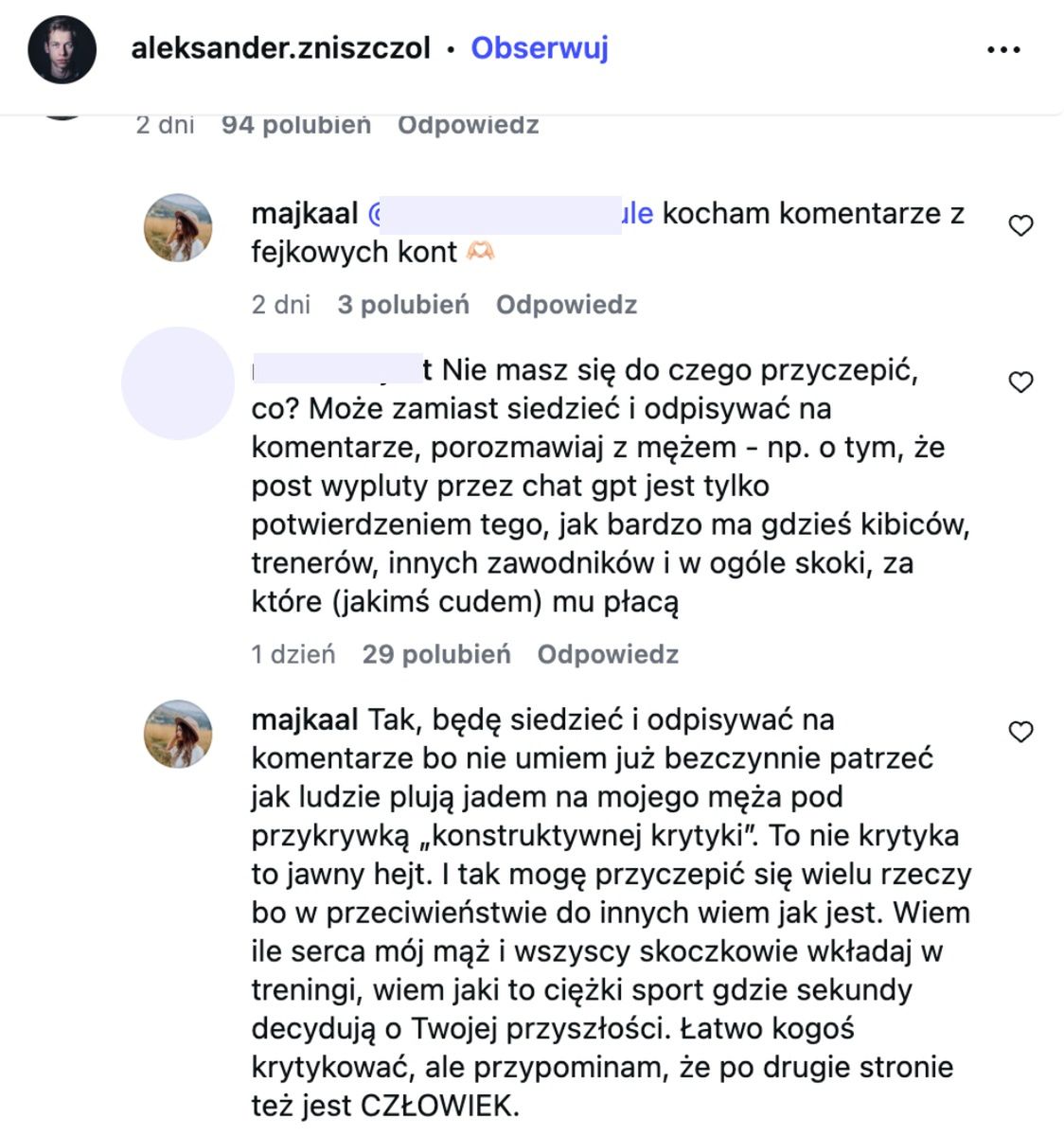 Komentarze pod postem Aleksandra Zniszczoła