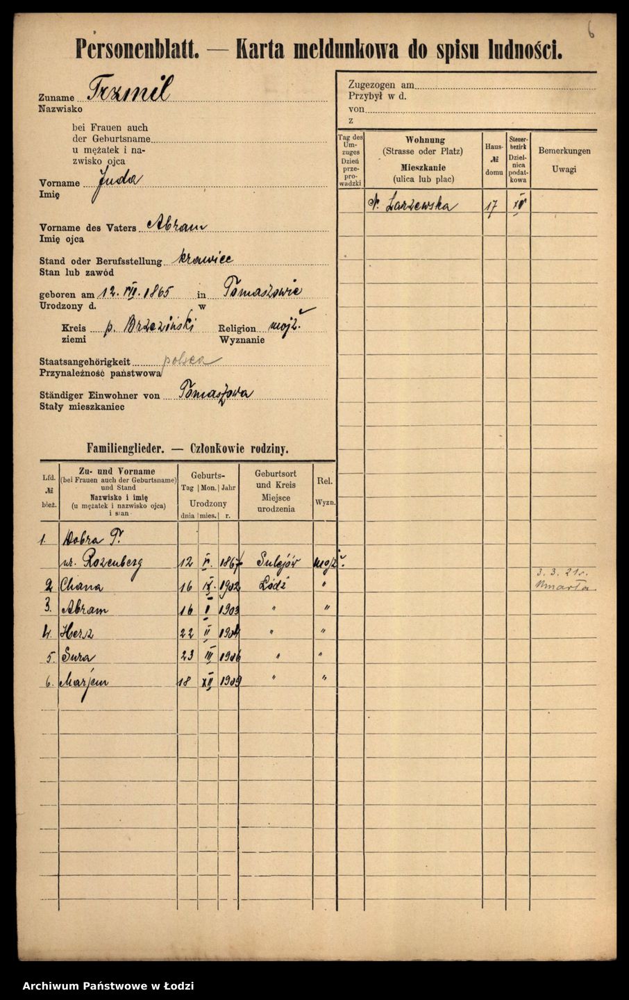 karta meldunkowa rodziny Trzmili pochodząca z Archiwum Państwowego w Łodzi