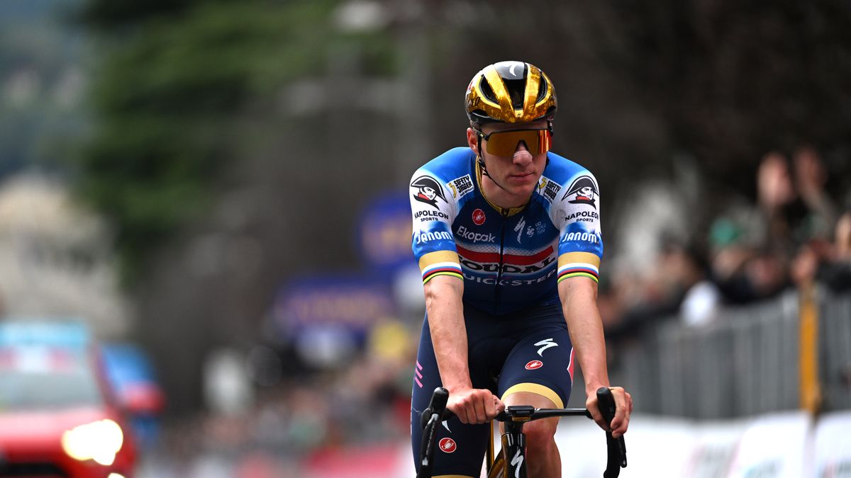 COMO, ITALY - OCTOBER 12: Remco Evenepoel of Belgium and Team Soudal Quick-Step crosses the finish line during the 118th Il Lombardia 2024 a 255km one day race from Bergamo to Como / #UCIWT / on October 12, 2024 in Como, Italy. (Photo by Tim de Waele/Getty Images)