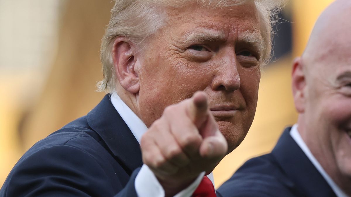 EAST RUTHERFORD, NEW JERSEY - JULY 13: U.S. President Donald Trump and Gianni Infantino, President of FIFA, react following the FIFA Club World Cup 2025 Final match between Chelsea FC and Paris Saint-Germain at MetLife Stadium on July 13, 2025 in East Rutherford, New Jersey. (Photo by Alex Grimm/Getty Images)