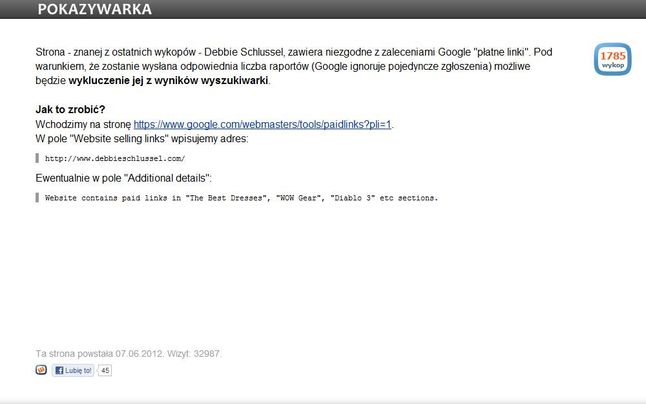 Instrukcja usuwania strony DebbieSchlussel.com z Google'a