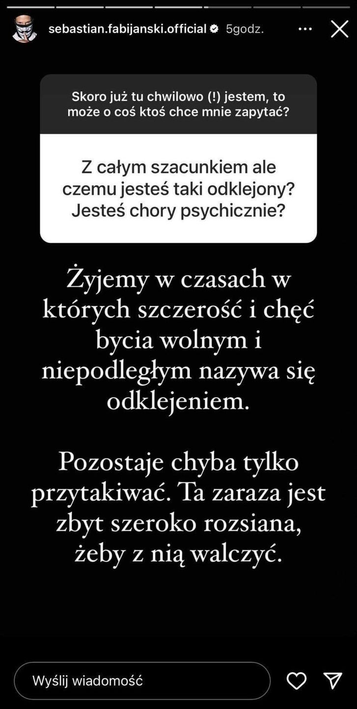 Sebastian Fabijański odpowiada na sugestię, że jest chory psychicznie