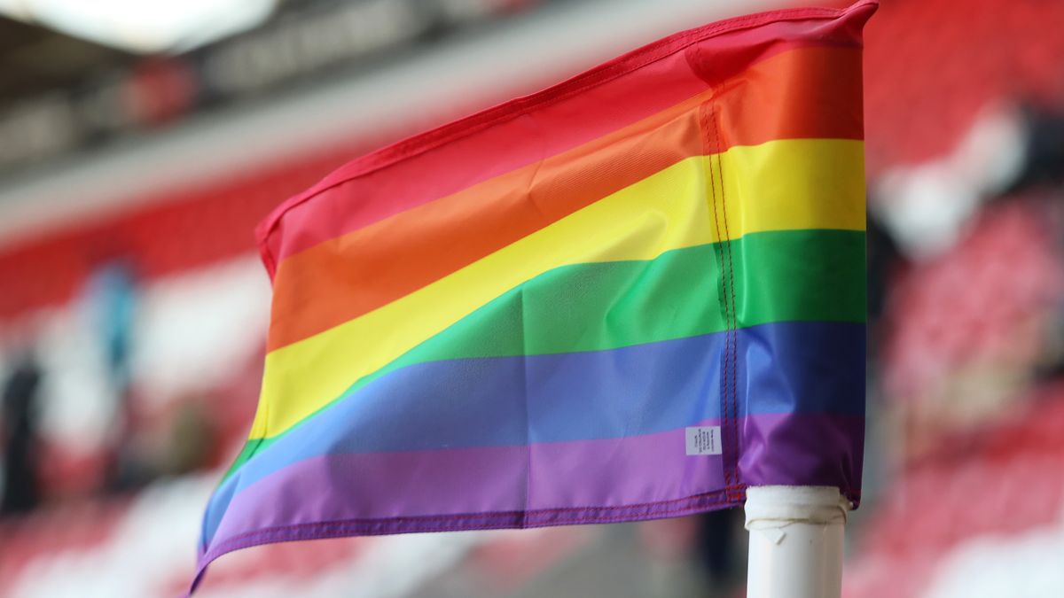 ROTHERHAM, ENGLAND - DECEMBER 09: An LGBTQ+ Rainbow corner flag during the Sky Bet Championship match between Rotherman United and Swansea City at the AESSEAL New York Stadium on December 09, 2023 in Rotherham, England. (Photo by Athena Pictures/Getty Images)