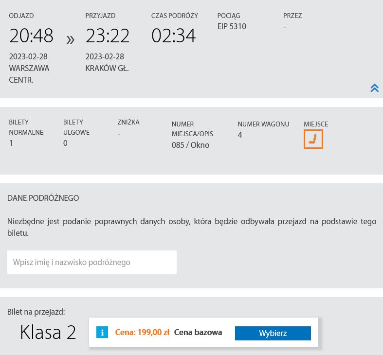 Tyle kosztował bilet normalny na przejazd drugą klasą w pociągu EIP (Pendolino) z Warszawy do Krakowa między 11 stycznia a 1 marca