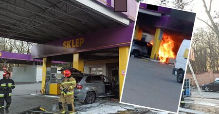 Staranował dystrybutory na tarnowskiej stacji. BMW stanęło w płomieniach