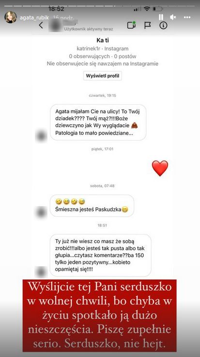 Agata Rubik pokazała wiadomość od hejterki