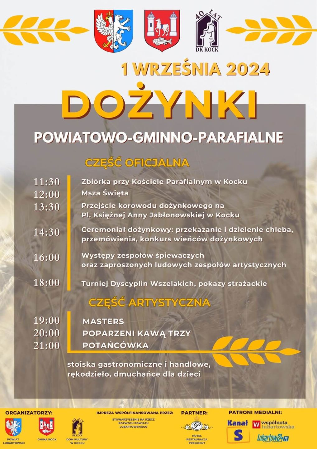 Dożynki powiatu lubartowskiego w Kocku 2024 - plakat, program wydarzenia