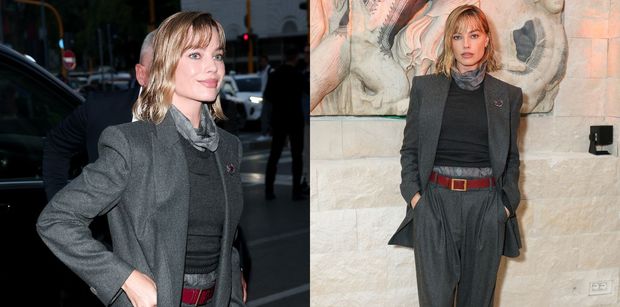 Margot "najpiękniejsza kobieta na świecie" Robbie bryluje na evencie w szarym garniturze. Jak wam się podoba w nowych włosach? (ZDJĘCIA)