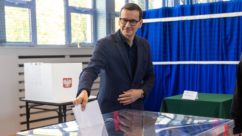 Prime Minister Mateusz Morawiecki during voting in Poland's parliamentary elections in Warsaw, Poland on October  15, 2023.

 (Photo by Andrzej Iwanczuk/NurPhoto via Getty Images)