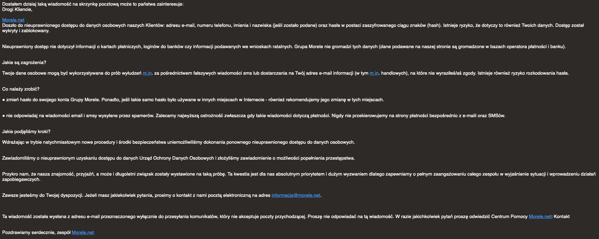 E-mail o takiej treści otrzymali klienci Grupy Morele