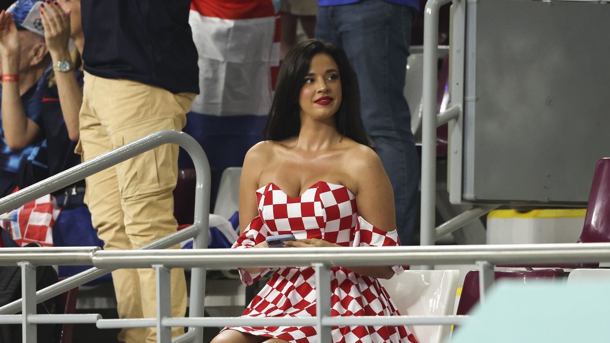 DOHA, QATAR - NOVEMBER 27: Ivana Knoll former Miss Croatia attends the game during the FIFA World Cup Qatar 2022 Group F match between Croatia and Canada at Khalifa International Stadium on November 27, 2022 in Doha, Qatar. (Photo by Matthew Ashton - AMA/Getty Images)