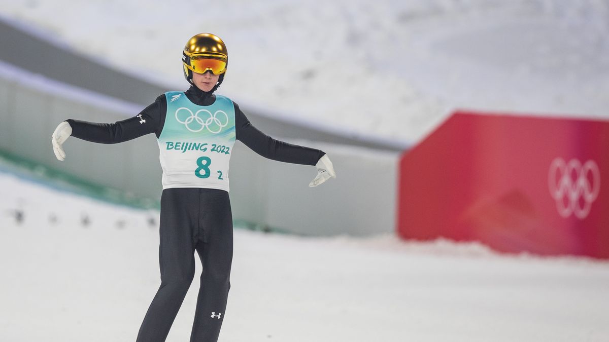 ZHANGJIAKOU, CHINA - FEBRUARY 14: Cene Prevc of Slovenia in action competes during the men´s team ski jumping from the large hill during the Beijing 2022 Winter Olympics at National Ski Jumping Centre on February 14, 2022 in Zhangjiakou, China. (Photo by Tom Weller/VOIGT/DeFodi Images via Getty Images)