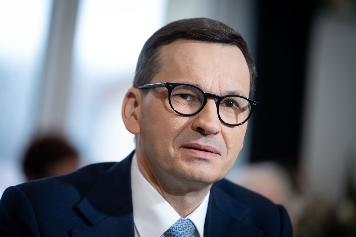 Polish Prime Minister Mateusz Morawiecki met with the seniors at Daily Retirement Home in Wola Karczewska, Poland on April 6,  2022 (Photo by Mateusz Wlodarczyk/NurPhoto via Getty Images)