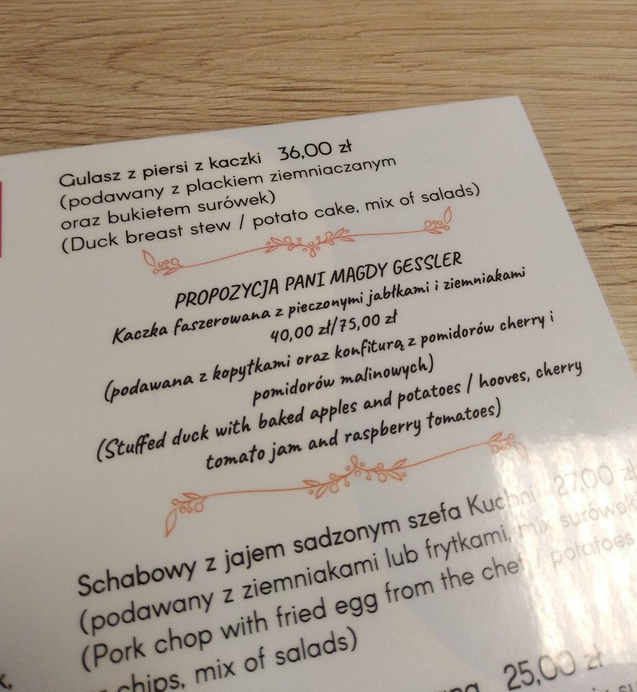 Menu zachęca, by spróbować "propozycje pani Magdy Gessler"