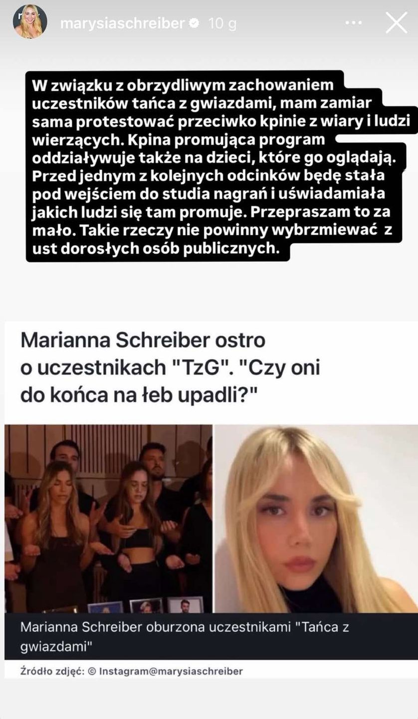Wpis Marianny Schreiber na Instagramie