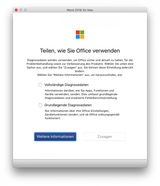 Telemetria pełna albo jedynie podstawowa w Wordzie 2016 dla macOS-a (źródło: heise.de)