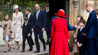 Odziana w kremowy komplet Kate Middleton mknie w asyście Williama i POCIECH na nabożeństwo wielkanocne. Dzieci rosną jak na drożdżach? (ZDJĘCIA)