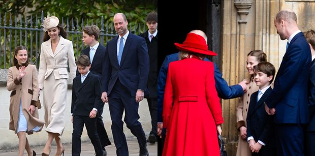 Odziana w kremowy komplet Kate Middleton mknie w asyście Williama i POCIECH na nabożeństwo wielkanocne. Dzieci rosną jak na drożdżach? (ZDJĘCIA)