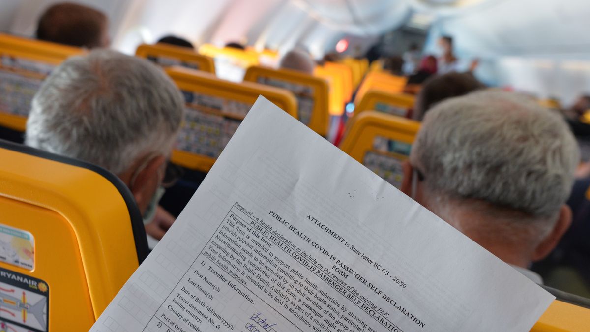Another Record Of New COVID-19 Cases In Bulgaria
Public Health Covid-19 Passenger Self Declaration Form hold by a passenger inside a Ryanair plane at Burgas airport.
The number of people infected with COVID-19 in Bulgaria is growing rapidly, with the highest numbers of new COVID cases recorded four days in a row.
Today, the Ministry of Health reported 998 new cases, a new daily record of new cases, and 14 deaths.
On Saturday, October 17, 2020, in Burgas, Bulgaria. (Photo by Artur Widak/NurPhoto via Getty Images)
NurPhoto
burgas - bulgaria, covid-19 form, declaration form, editorial, lifestyle, mesures, ryanair  logo, ryanair aircraft, ryanair coronavirus, stats, travel destination, visiting, aircraft, automn, daily record, flight, medical mask, new cases, passnegers