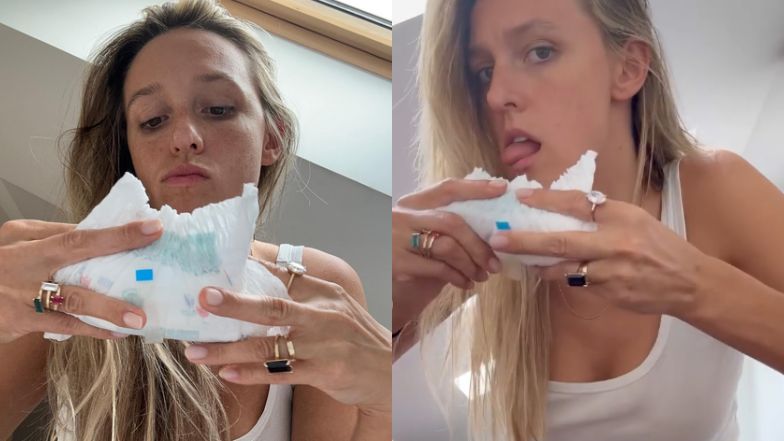 Aleksandra Żebrowska reklamuje biżuterię, zwijając dziecięcą pieluchę