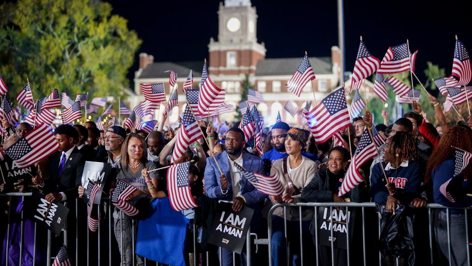 Attendees during an election night event with US Vice President Kamala Harris, not pictured, in Washington, DC, US, on Tuesday, Nov. 5, 2024. The 2024 presidential campaign was marked by two assassination attempts, a candidate switch, divisive rhetoric and warnings about the fate of democracy. Photographer: Al Drago/Bloomberg via Getty Images